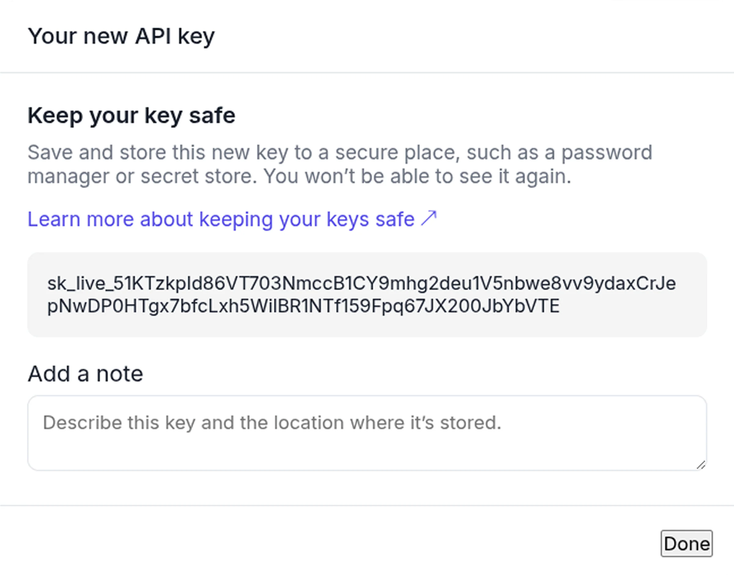 API keys management screen
