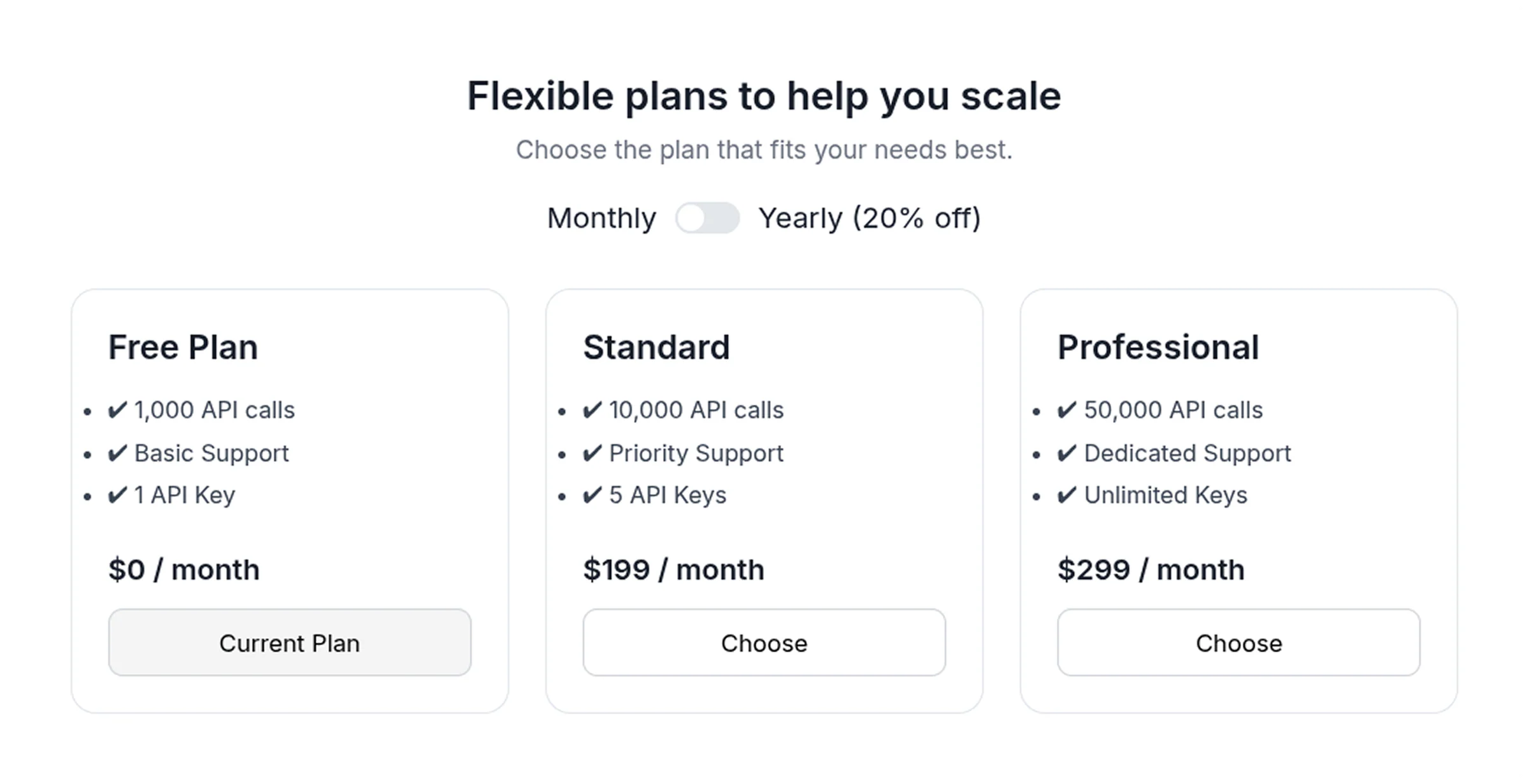 Billing plans screen