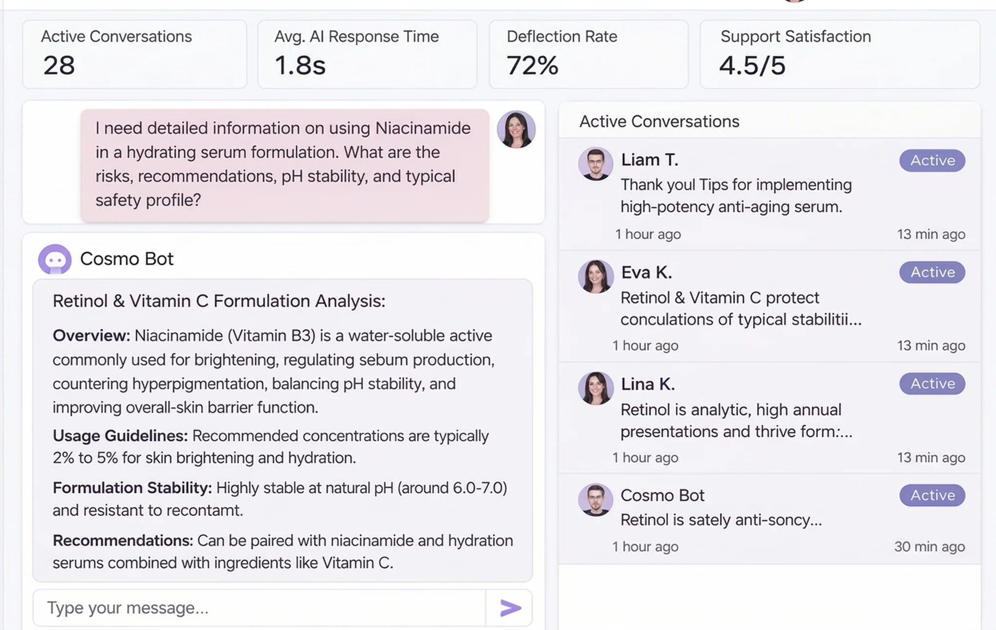 AI chatbot assisting with cosmetic formulation and ingredient queries