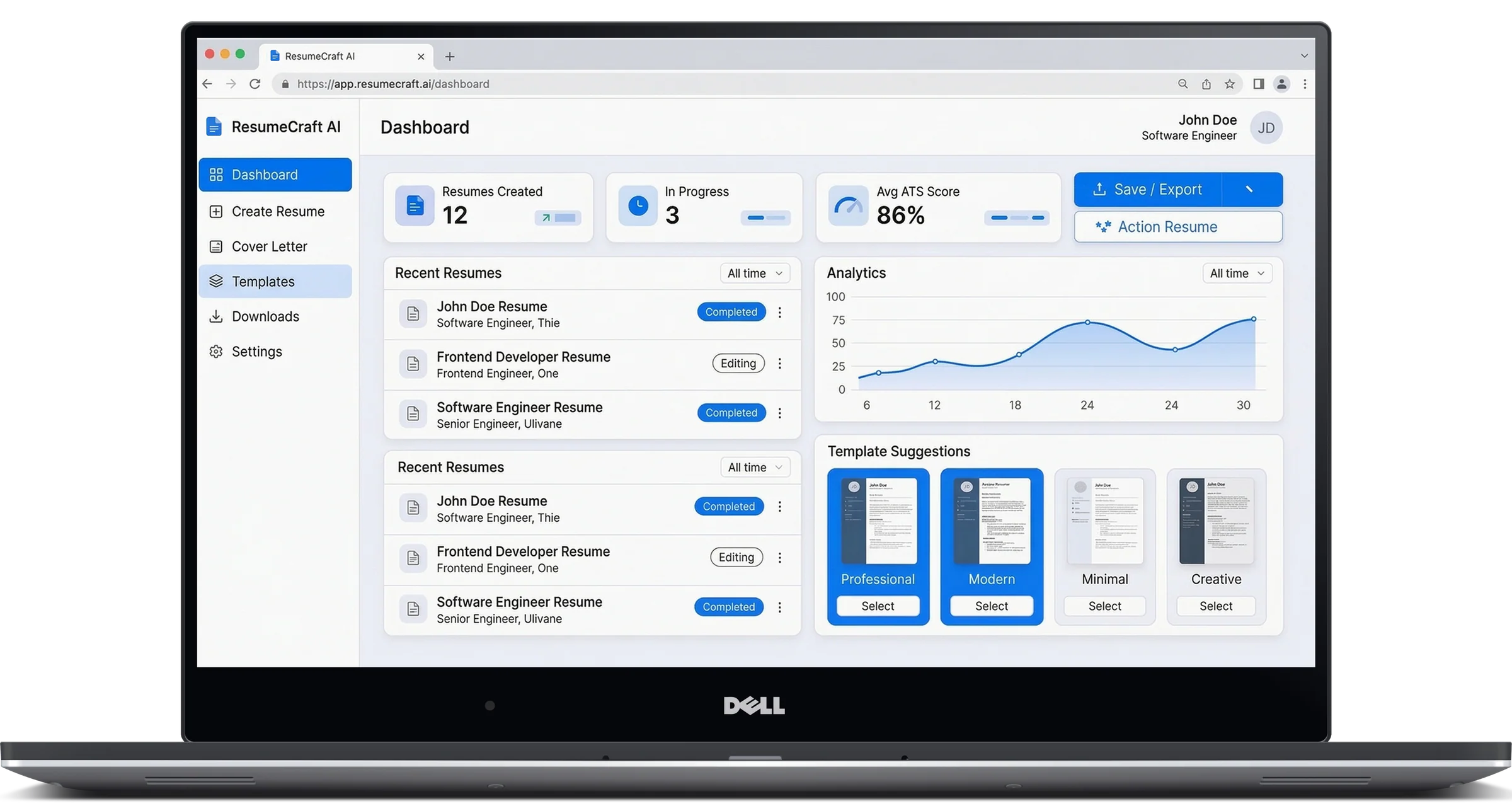 ResumeCraft AI dashboard UI