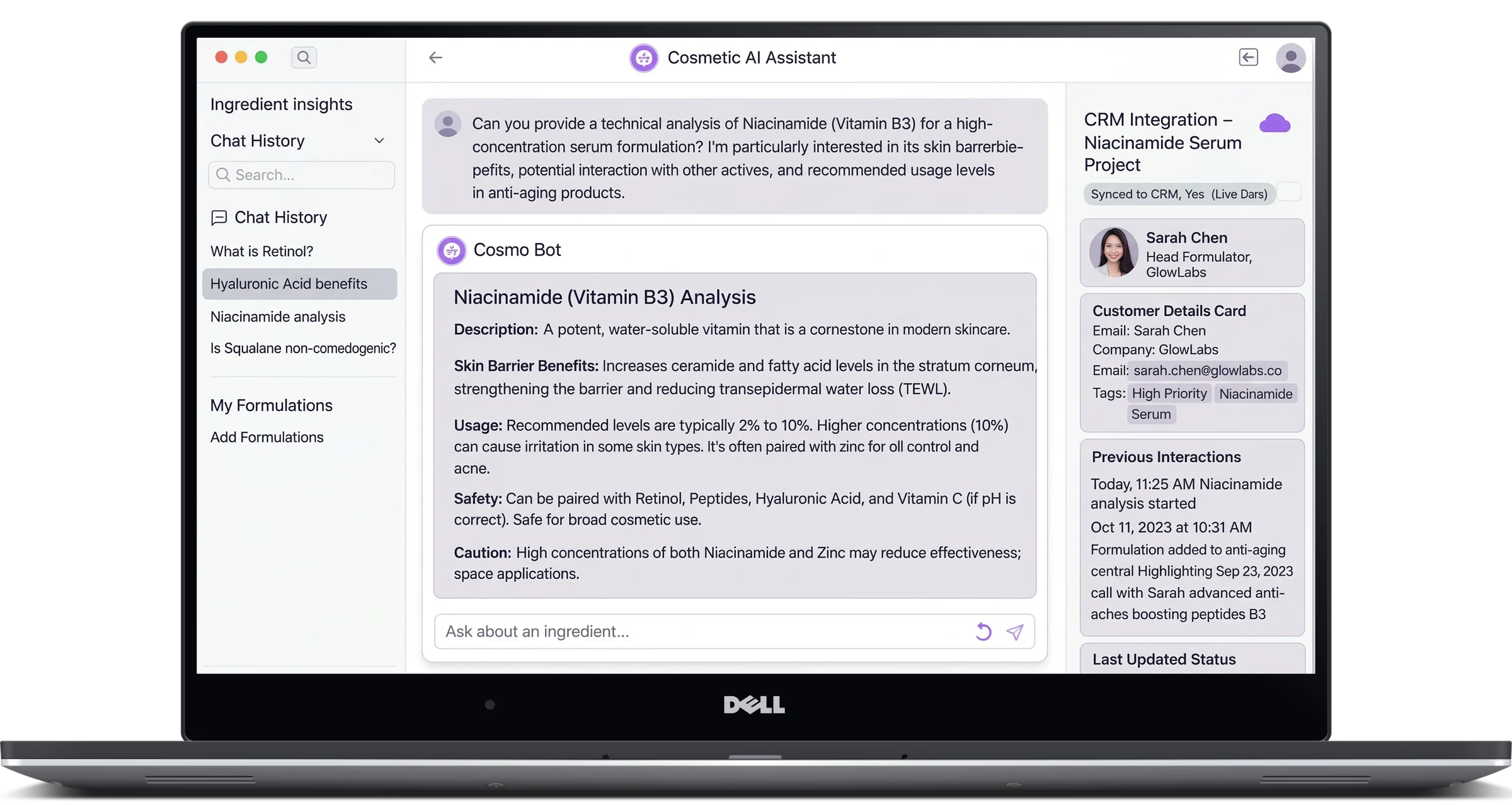 Integrated CRM view with cosmetic project details and customer insights