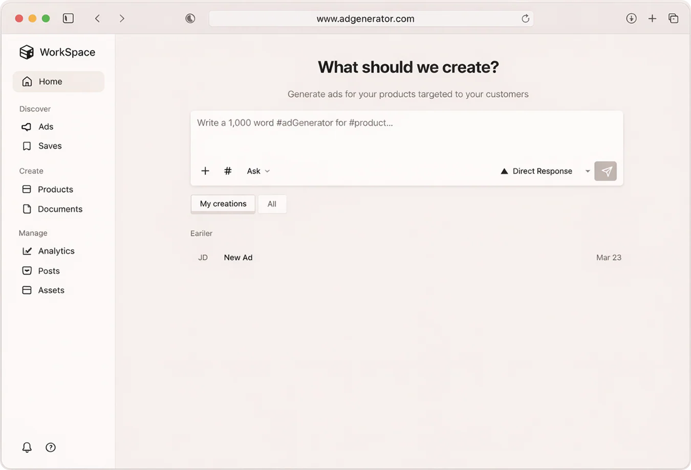Ad Generator dashboard overview interface