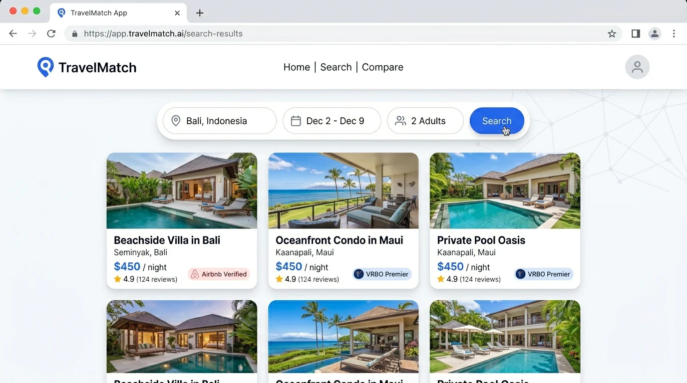 TravelMatch search results screen